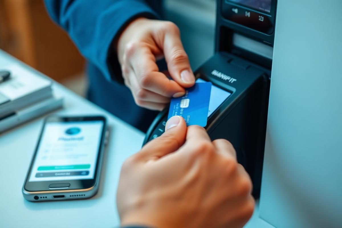 Platba kartou u terminálu a mobil s bankovní aplikací