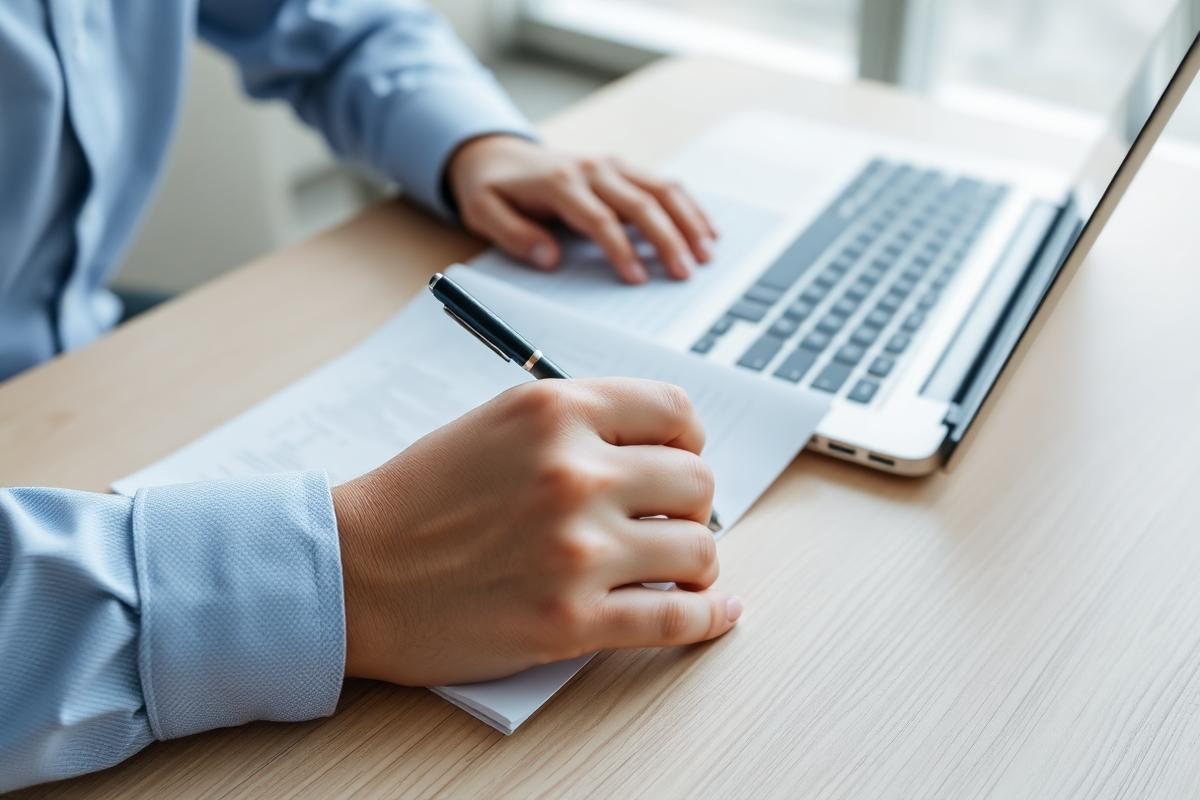 Detail rukou procházejících pojistnou smlouvu s propiskou, notebook vedle